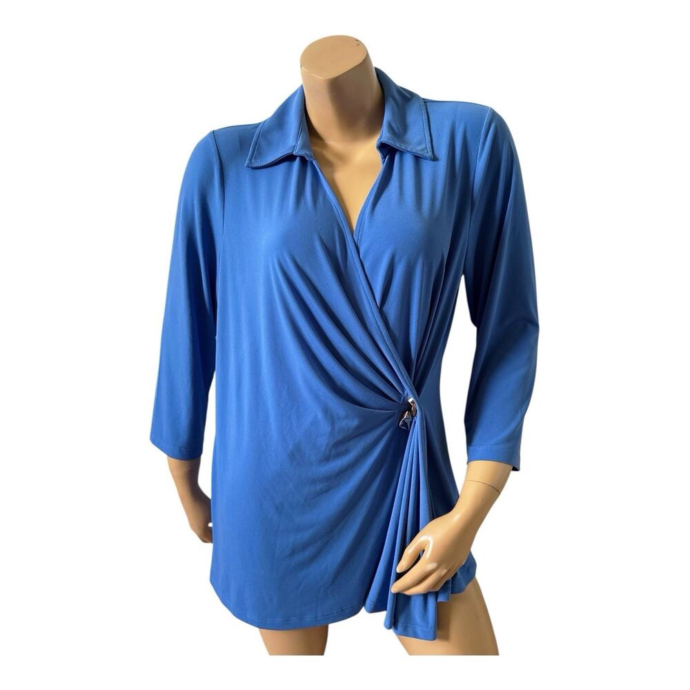 Susan Graver Top Womens Large Blue Faux Wrap Collared Tunic Blouse 3/4 Sleeve